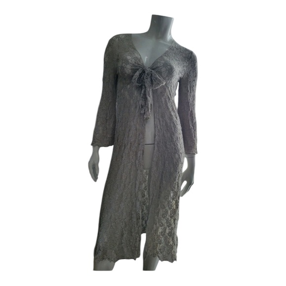 CAbi Womens Long Light Gray Lace Long Duster Cardigan Style 891 Tie Front | S - Picture 4 of 5